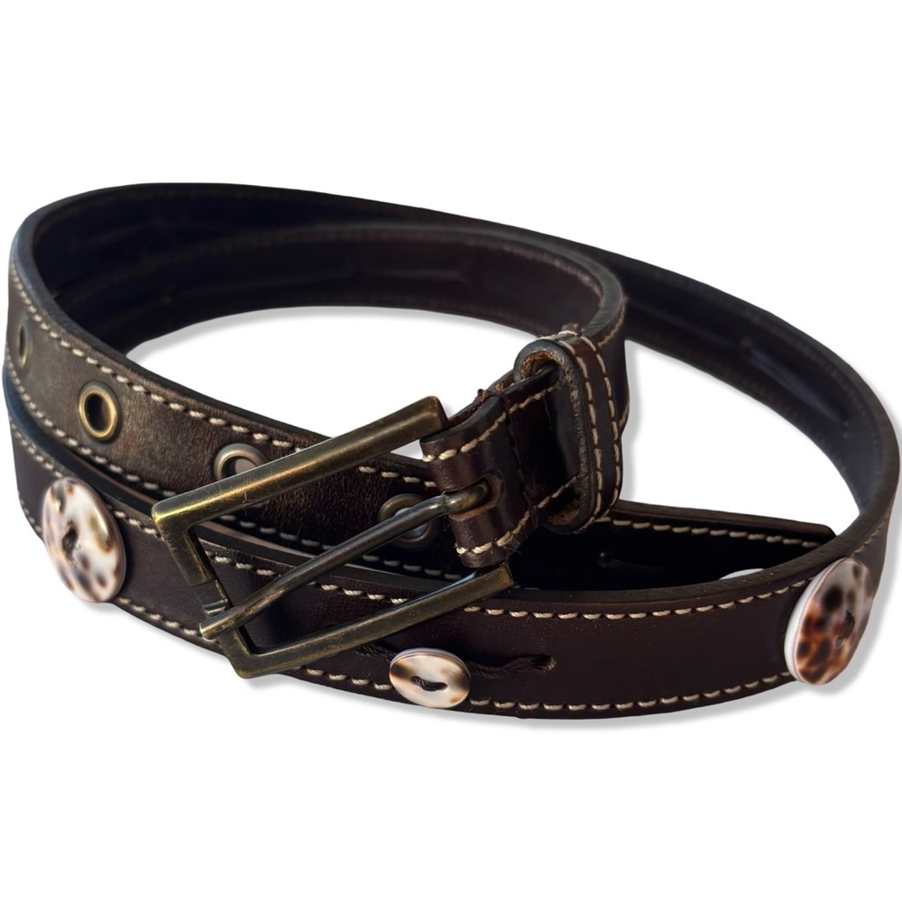 Italian Brown Leather Cowrie Shell Button Belt
